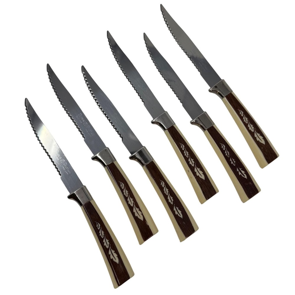 6 VTG Steak Knives REF6 Regent Sheffield Stainless Woodgrain Design Cream Accent